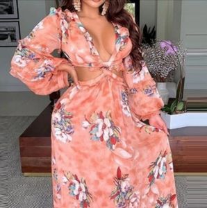 Laced back pink printed maxi dress